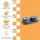 PinePaw Small/Medium Modern Weighted Double Marble and Stainless Steel Bowl 12oz (1.5 Cups) Feeder with Non-Slip Marble Tray Set