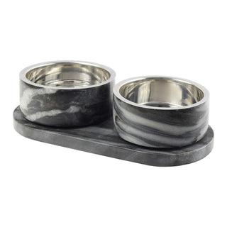PinePaw Small/Medium Modern Weighted Double Marble and Stainless Steel Bowl 12oz (1.5 Cups) Feeder with Non-Slip Marble Tray Set