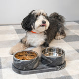 PinePaw Small/Medium Modern Weighted Double Marble and Stainless Steel Bowl 12oz (1.5 Cups) Feeder with Non-Slip Marble Tray Set
