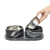 PinePaw Small/Medium Modern Weighted Double Marble and Stainless Steel Bowl 12oz (1.5 Cups) Feeder with Non-Slip Marble Tray Set