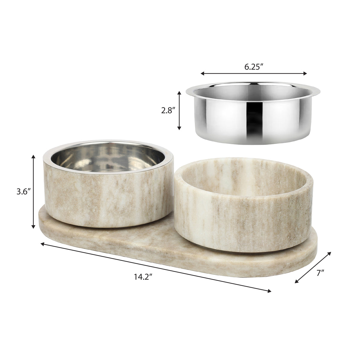 PinePaw Small/Medium Modern Weighted Double Marble and Stainless Steel Bowl 12oz (1.5 Cups) Feeder with Non-Slip Marble Tray Set
