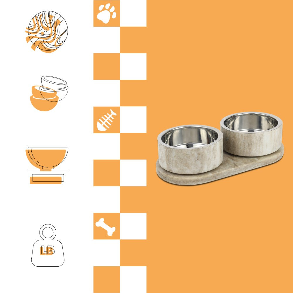 PinePaw Small/Medium Modern Weighted Double Marble and Stainless Steel Bowl 12oz (1.5 Cups) Feeder with Non-Slip Marble Tray Set