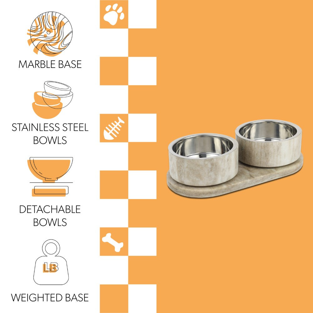 PinePaw Small/Medium Modern Weighted Double Marble and Stainless Steel Bowl 12oz (1.5 Cups) Feeder with Non-Slip Marble Tray Set