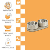 PinePaw Small/Medium Modern Weighted Double Marble and Stainless Steel Bowl 12oz (1.5 Cups) Feeder with Non-Slip Marble Tray Set