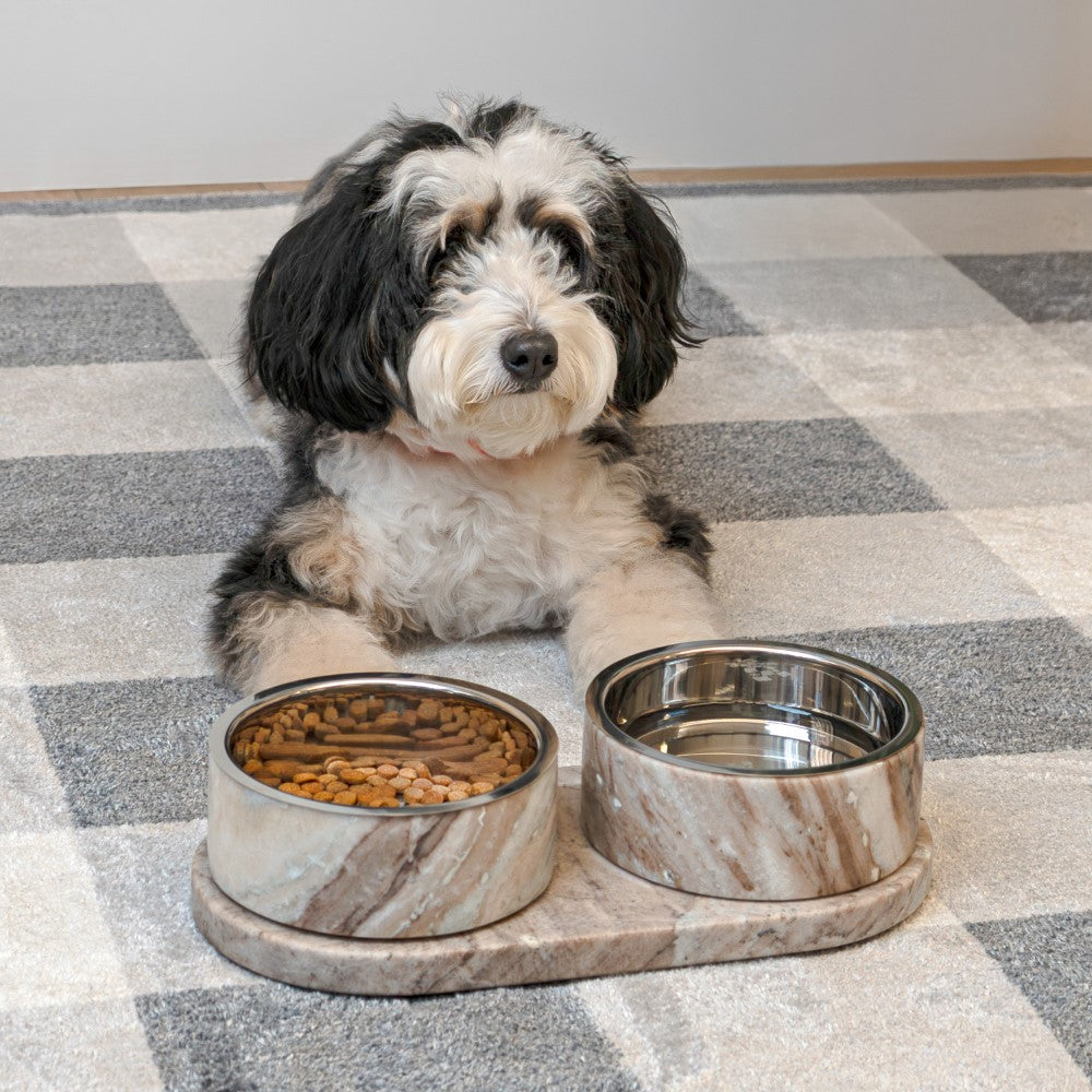 PinePaw Small/Medium Modern Weighted Double Marble and Stainless Steel Bowl 12oz (1.5 Cups) Feeder with Non-Slip Marble Tray Set
