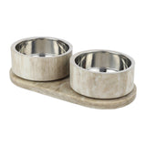 PinePaw Small/Medium Modern Weighted Double Marble and Stainless Steel Bowl 12oz (1.5 Cups) Feeder with Non-Slip Marble Tray Set
