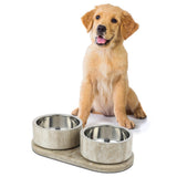PinePaw Small/Medium Modern Weighted Double Marble and Stainless Steel Bowl 12oz (1.5 Cups) Feeder with Non-Slip Marble Tray Set