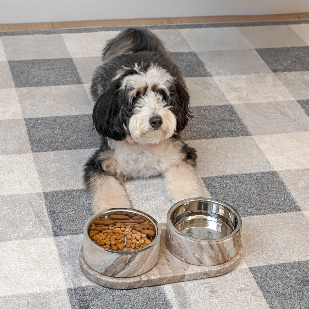 PinePaw Small/Medium Modern Weighted Double Marble and Stainless Steel Bowl 12oz (1.5 Cups) Feeder with Non-Slip Marble Tray Set