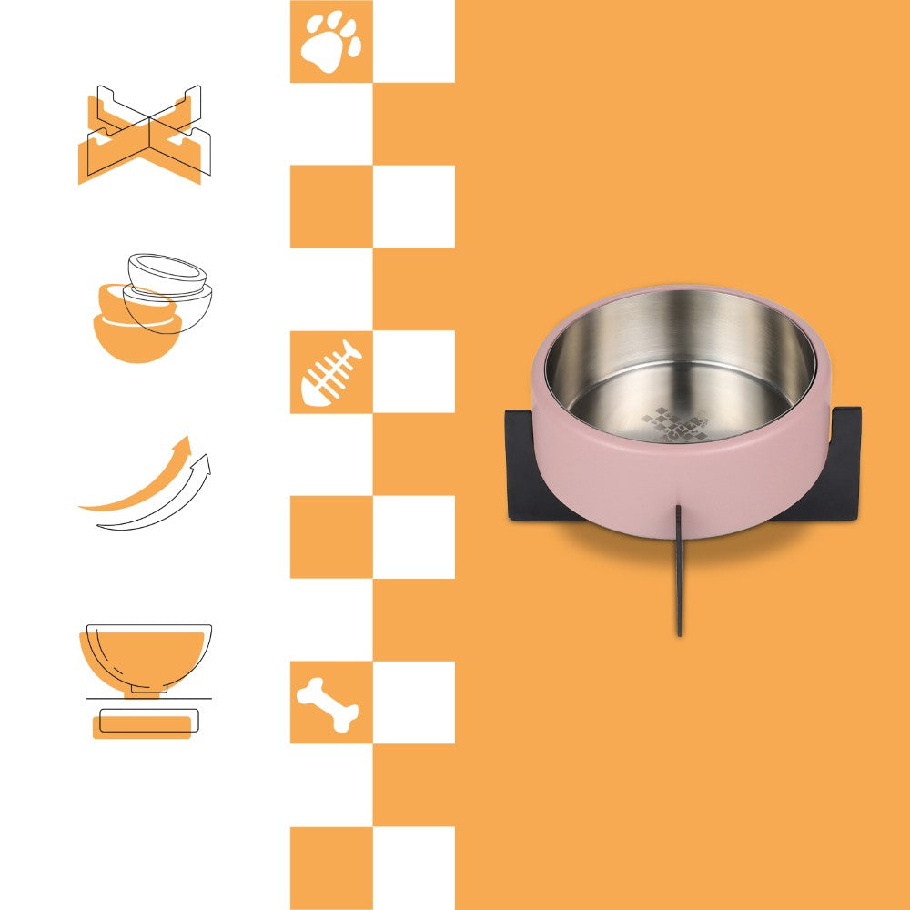 LeafLick Small/Medium Concrete and Stainless Steel Bowl 16oz (2 Cups) with Metal Stand Pet Feeder