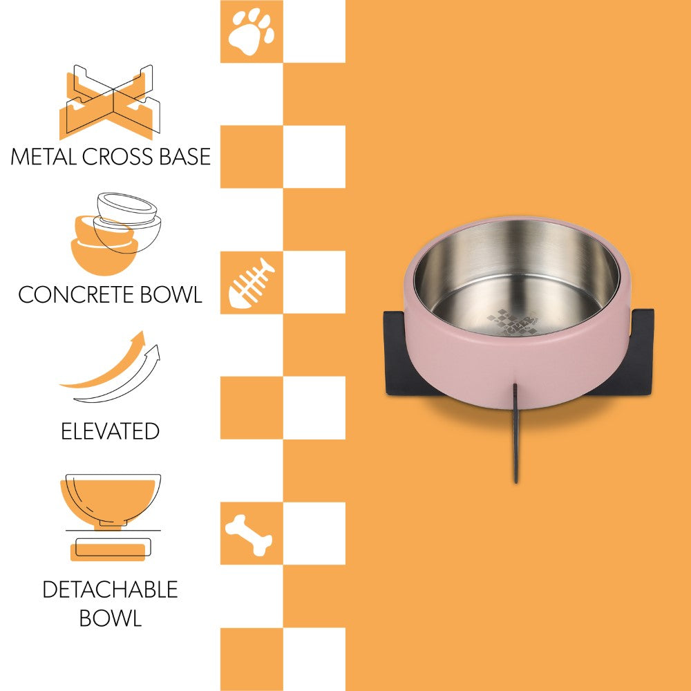 LeafLick Small/Medium Concrete and Stainless Steel Bowl 16oz (2 Cups) with Metal Stand Pet Feeder