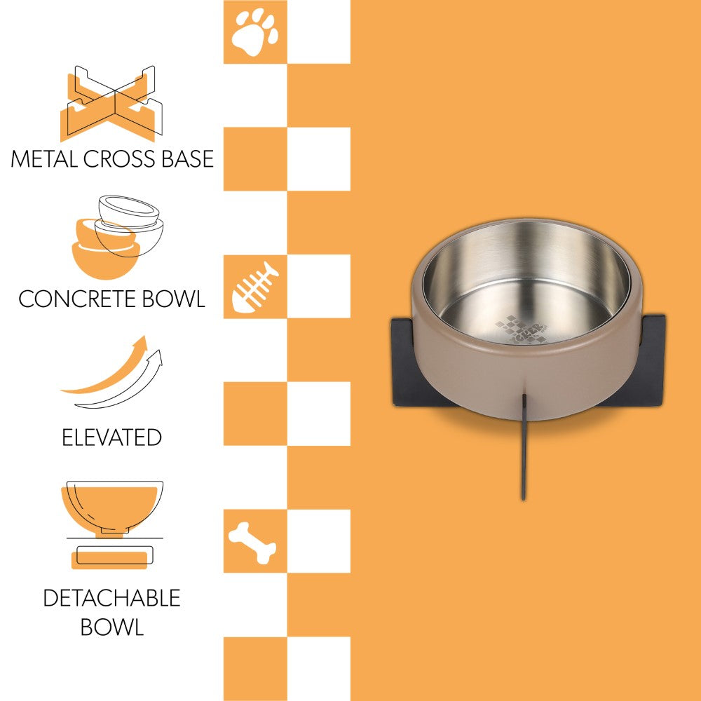 LeafLick Small/Medium Concrete and Stainless Steel Bowl 16oz (2 Cups) with Metal Stand Pet Feeder