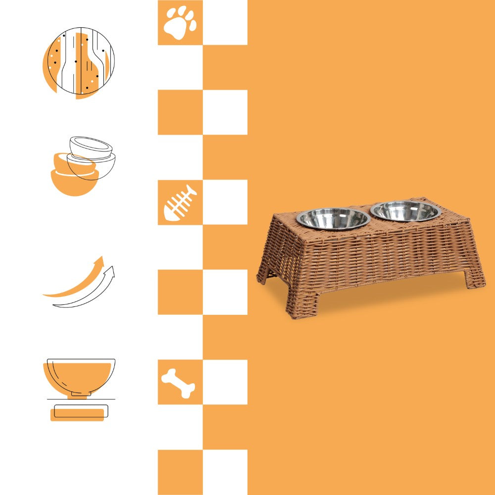 BreezeBite 6.9" Small/Medium Elevated Wicker Pet Feeder with 18oz (2.2 Cups) 2-Stainless Steel Bowls
