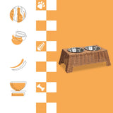 BreezeBite 6.9" Small/Medium Elevated Wicker Pet Feeder with 18oz (2.2 Cups) 2-Stainless Steel Bowls