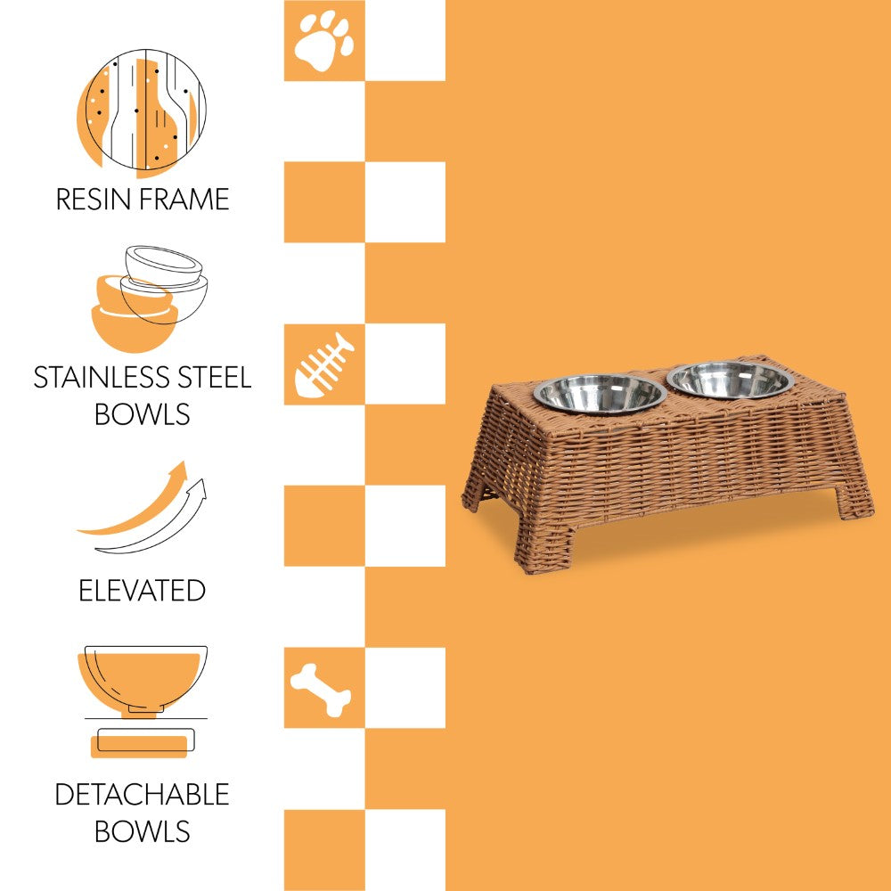 BreezeBite 6.9" Small/Medium Elevated Wicker Pet Feeder with 18oz (2.2 Cups) 2-Stainless Steel Bowls