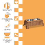 BreezeBite 6.9" Small/Medium Elevated Wicker Pet Feeder with 18oz (2.2 Cups) 2-Stainless Steel Bowls