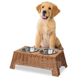 BreezeBite 6.9" Small/Medium Elevated Wicker Pet Feeder with 18oz (2.2 Cups) 2-Stainless Steel Bowls