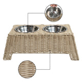 BreezeBite 6.9" Small/Medium Elevated Wicker Pet Feeder with 18oz (2.2 Cups) 2-Stainless Steel Bowls