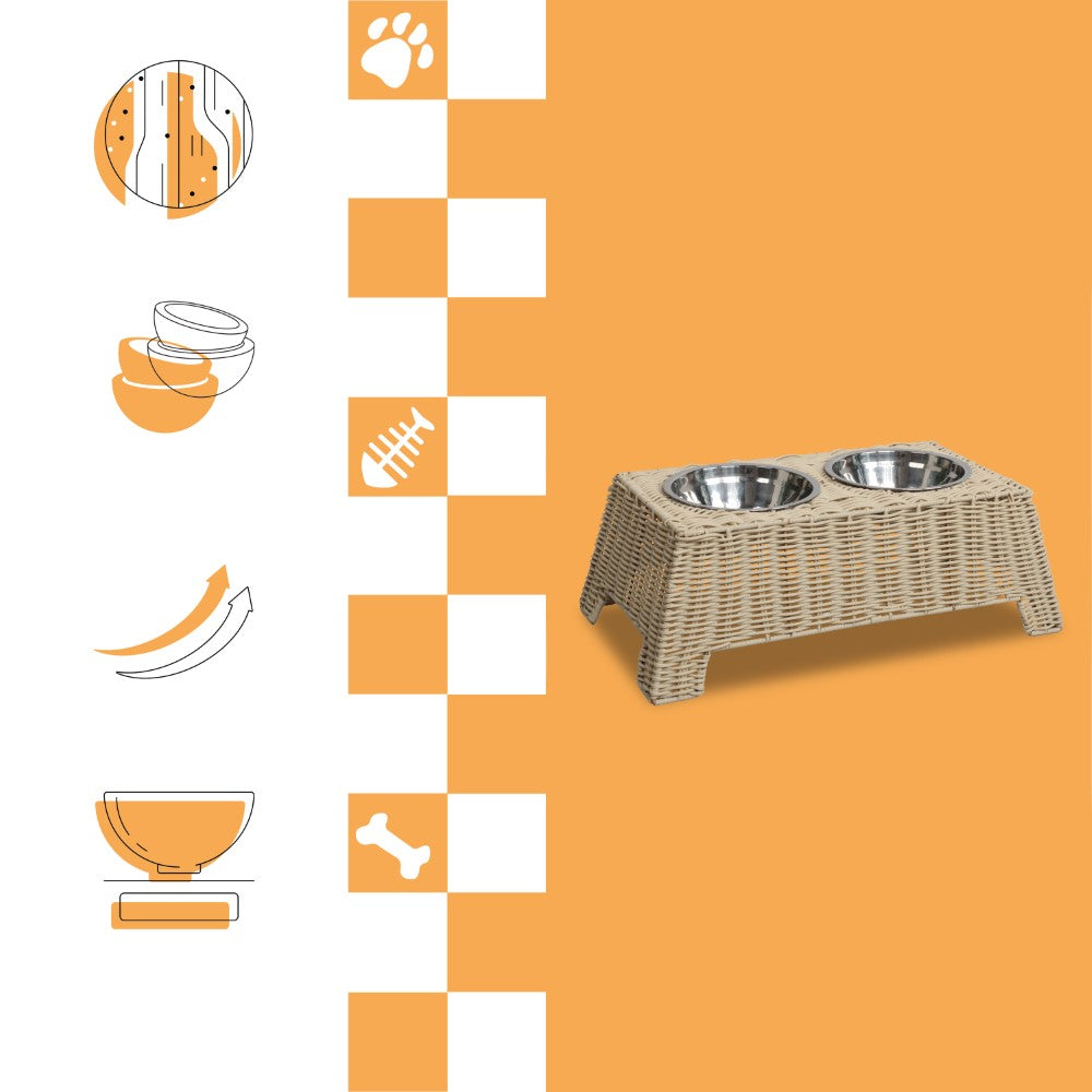 BreezeBite 6.9" Small/Medium Elevated Wicker Pet Feeder with 18oz (2.2 Cups) 2-Stainless Steel Bowls