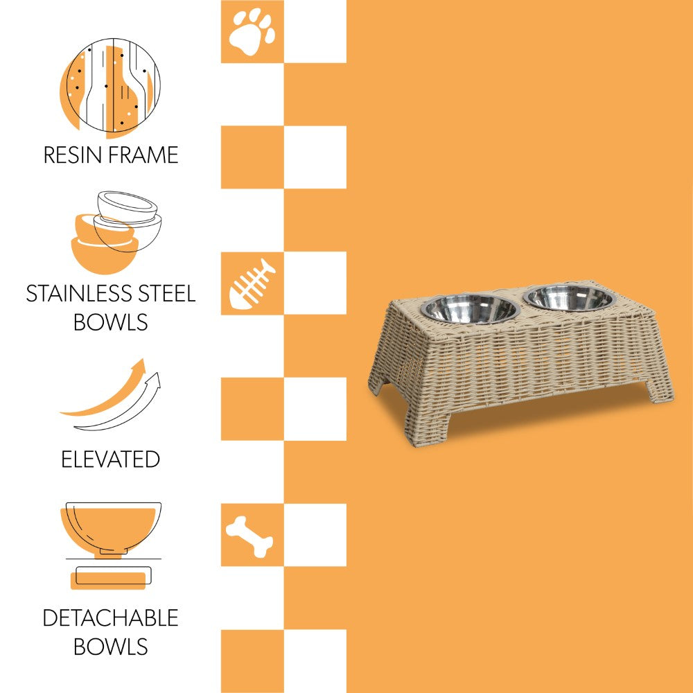 BreezeBite 6.9" Small/Medium Elevated Wicker Pet Feeder with 18oz (2.2 Cups) 2-Stainless Steel Bowls