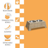 BreezeBite 6.9" Small/Medium Elevated Wicker Pet Feeder with 18oz (2.2 Cups) 2-Stainless Steel Bowls