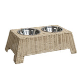 BreezeBite 6.9" Small/Medium Elevated Wicker Pet Feeder with 18oz (2.2 Cups) 2-Stainless Steel Bowls