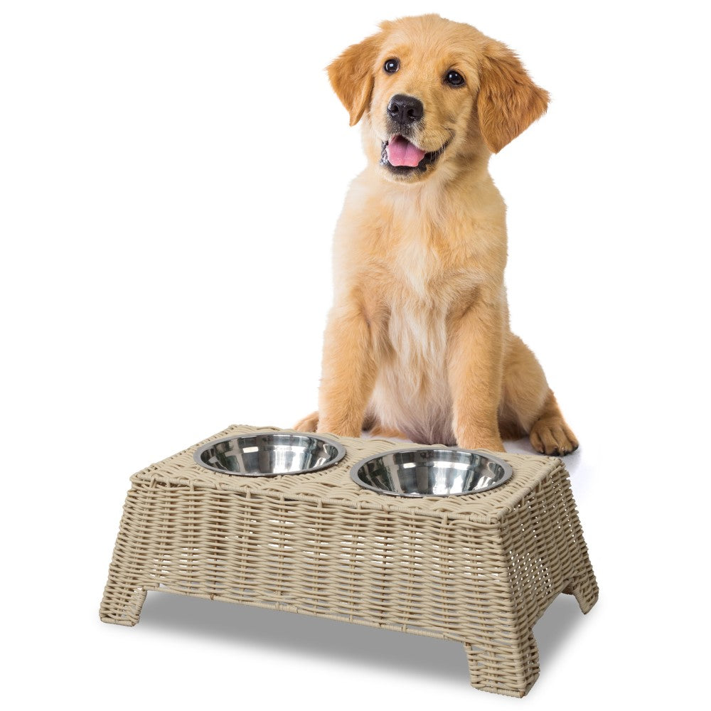BreezeBite 6.9" Small/Medium Elevated Wicker Pet Feeder with 18oz (2.2 Cups) 2-Stainless Steel Bowls