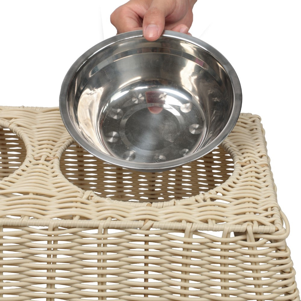 BreezeBite 6.9" Small/Medium Elevated Wicker Pet Feeder with 18oz (2.2 Cups) 2-Stainless Steel Bowls