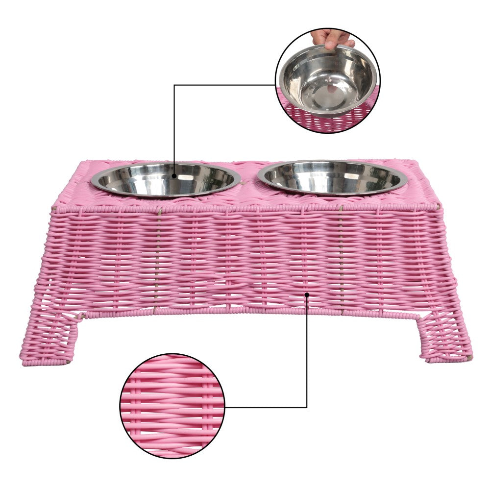BreezeBite 6.9" Small/Medium Elevated Wicker Pet Feeder with 18oz (2.2 Cups) 2-Stainless Steel Bowls