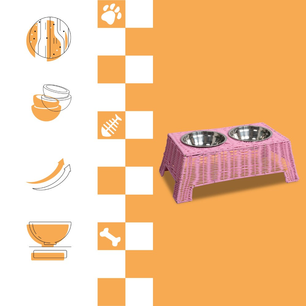 BreezeBite 6.9" Small/Medium Elevated Wicker Pet Feeder with 18oz (2.2 Cups) 2-Stainless Steel Bowls