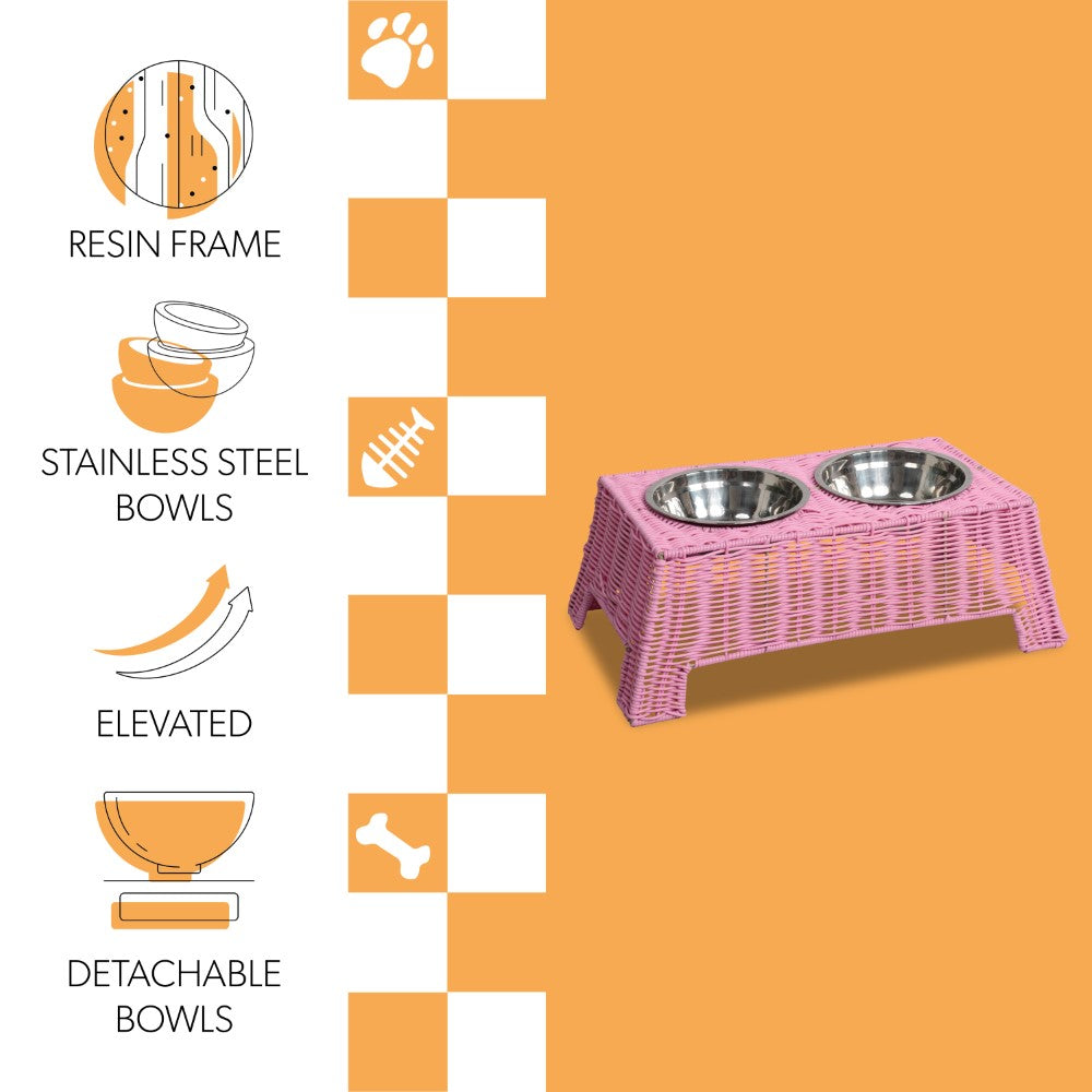BreezeBite 6.9" Small/Medium Elevated Wicker Pet Feeder with 18oz (2.2 Cups) 2-Stainless Steel Bowls