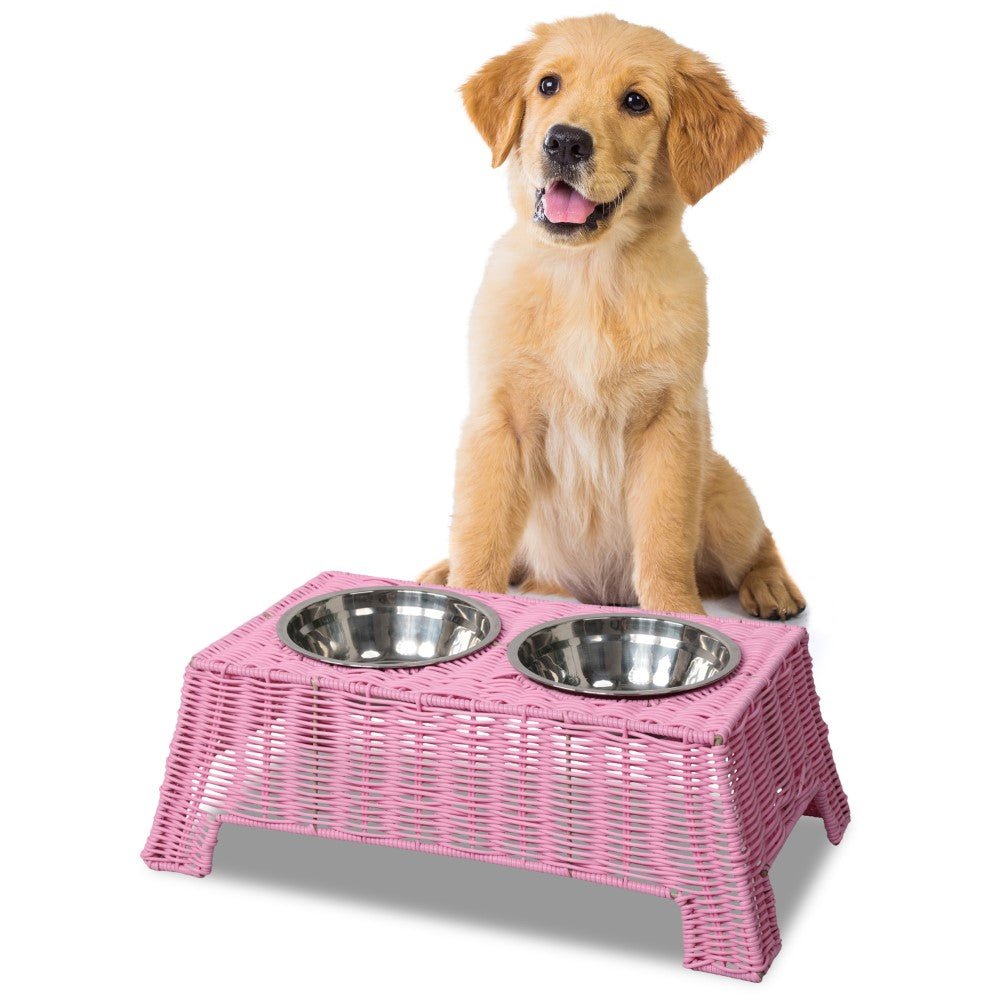 BreezeBite 6.9" Small/Medium Elevated Wicker Pet Feeder with 18oz (2.2 Cups) 2-Stainless Steel Bowls