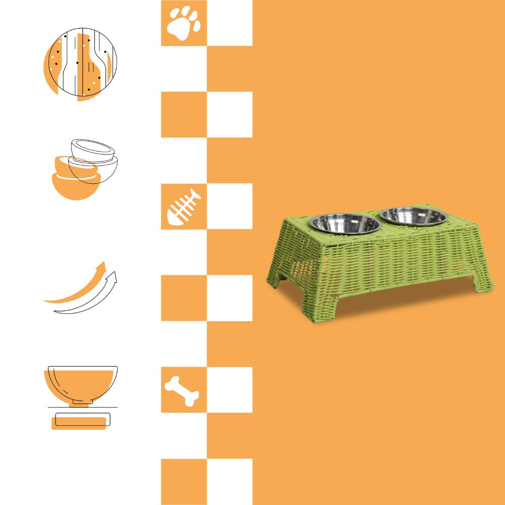 BreezeBite 6.9" Small/Medium Elevated Wicker Pet Feeder with 18oz (2.2 Cups) 2-Stainless Steel Bowls