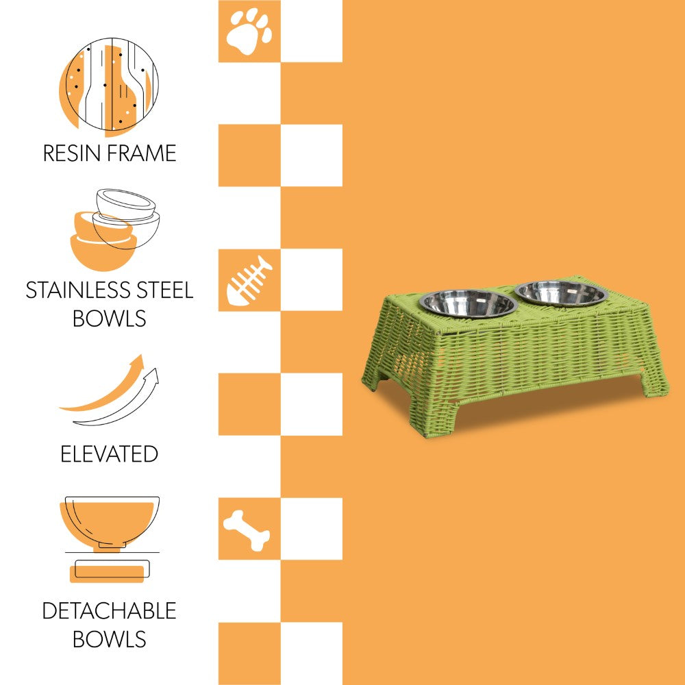 BreezeBite 6.9" Small/Medium Elevated Wicker Pet Feeder with 18oz (2.2 Cups) 2-Stainless Steel Bowls