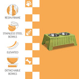 BreezeBite 6.9" Small/Medium Elevated Wicker Pet Feeder with 18oz (2.2 Cups) 2-Stainless Steel Bowls