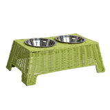 BreezeBite 6.9" Small/Medium Elevated Wicker Pet Feeder with 18oz (2.2 Cups) 2-Stainless Steel Bowls