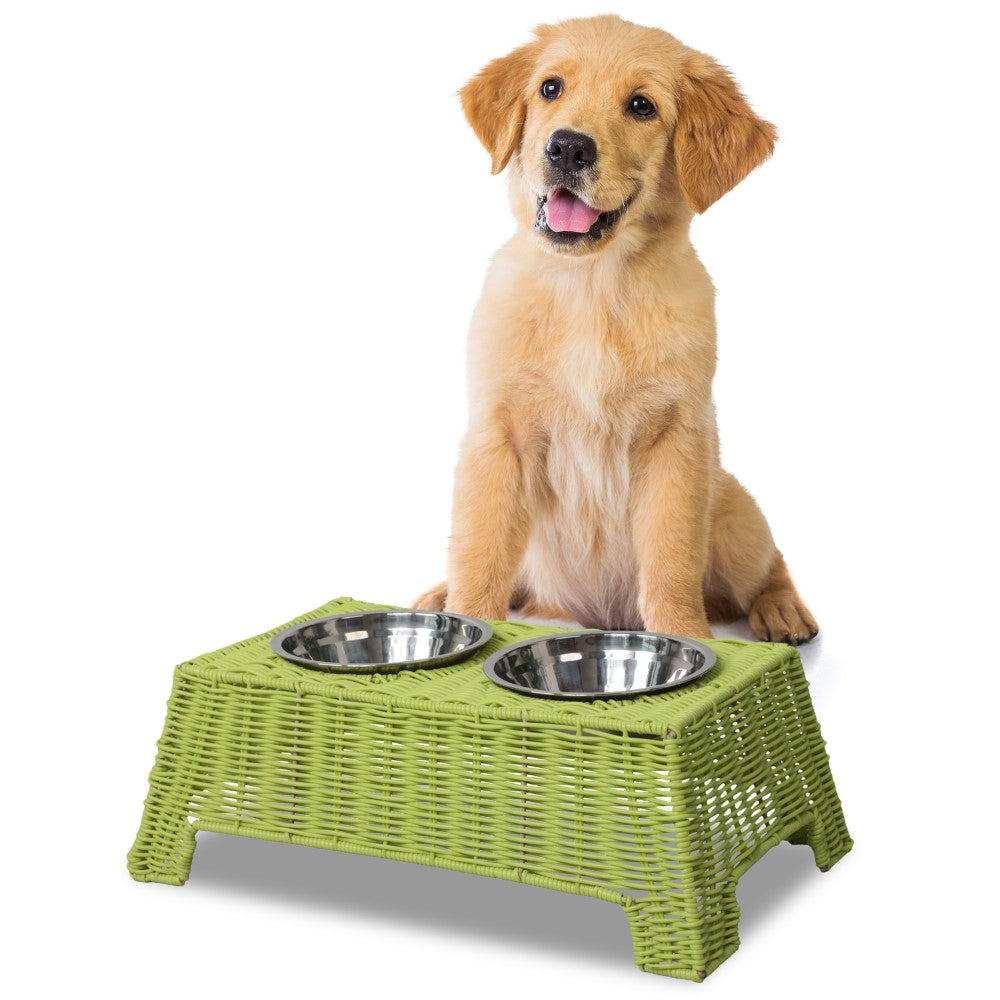 BreezeBite 6.9" Small/Medium Elevated Wicker Pet Feeder with 18oz (2.2 Cups) 2-Stainless Steel Bowls