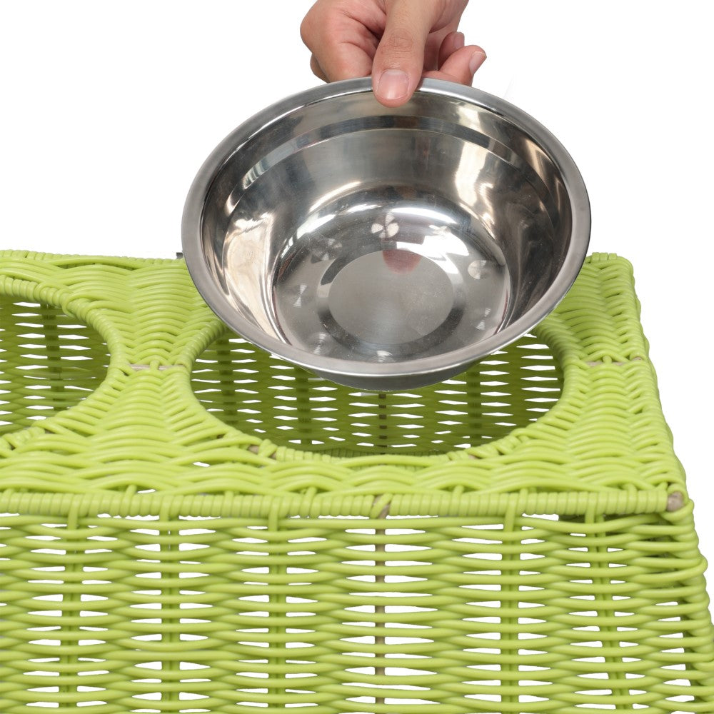 BreezeBite 6.9" Small/Medium Elevated Wicker Pet Feeder with 18oz (2.2 Cups) 2-Stainless Steel Bowls