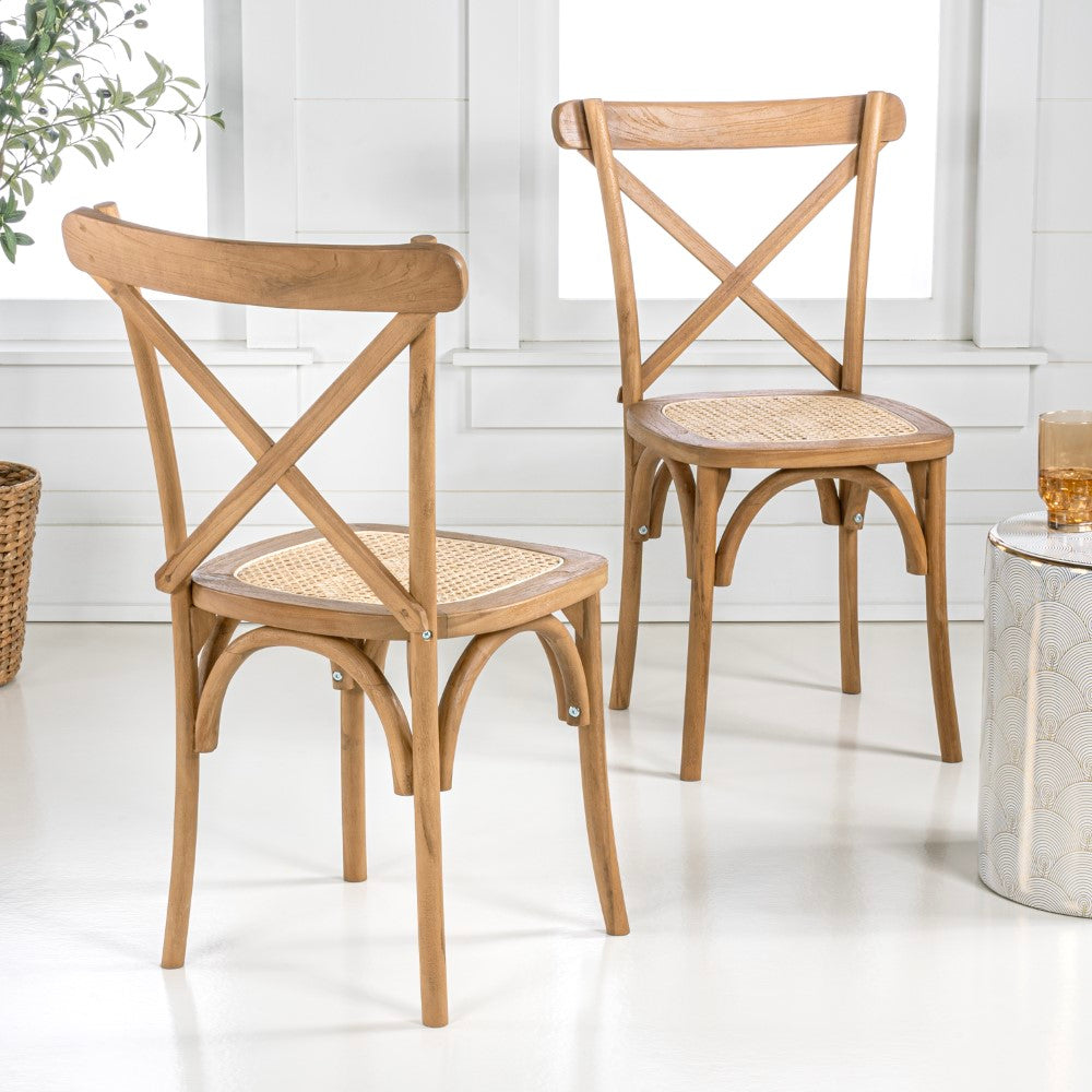 Seeta Classic Traditional X-Back Wood Rattan Dining Chair Set 2