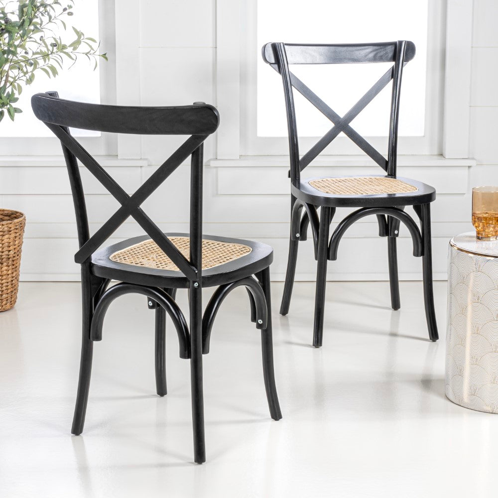 Seeta Classic Traditional X-Back Wood Rattan Dining Chair Set 2