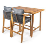 Caribbean Modern Coastal 3-Piece Acacia Wood Outdoor Bar Set with Cushions