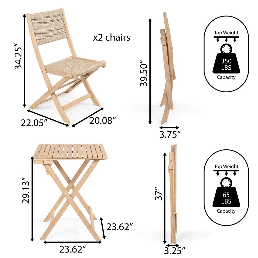 Nancy Modern Coastal 3-Piece Acacia Wood Outdoor Folding Bistro Set