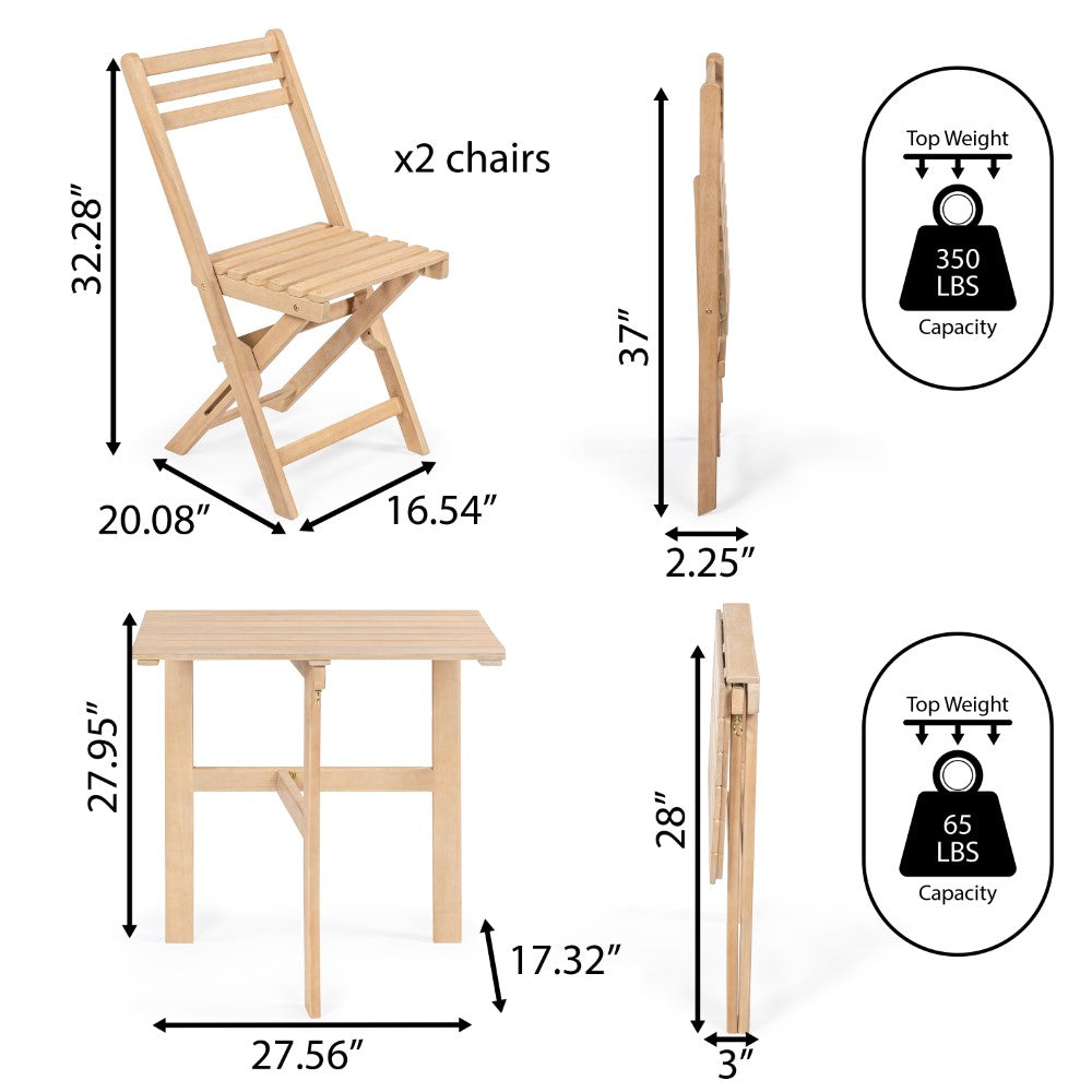 Devoko Modern Traditional 3-Piece Acacia Wood Outdoor Folding Bistro Set