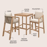 Willowshade Modern Coastal 3-Piece Acacia Wood Outdoor Square Bar Table Set with Cushions