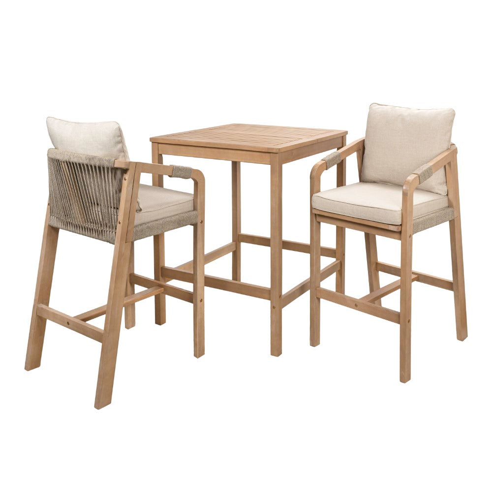 Willowshade Modern Coastal 3-Piece Acacia Wood Outdoor Square Bar Table Set with Cushions