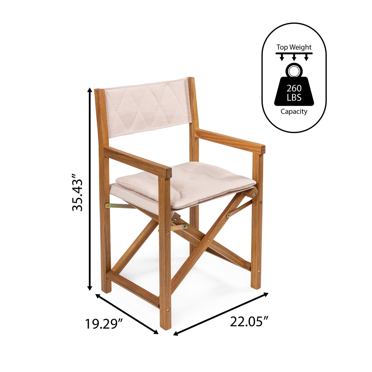 Patio Classic Mid-Century Outdoor Acacia Wood Foldable Diamond-Quilted Back Director Chair with Cushion Set 2