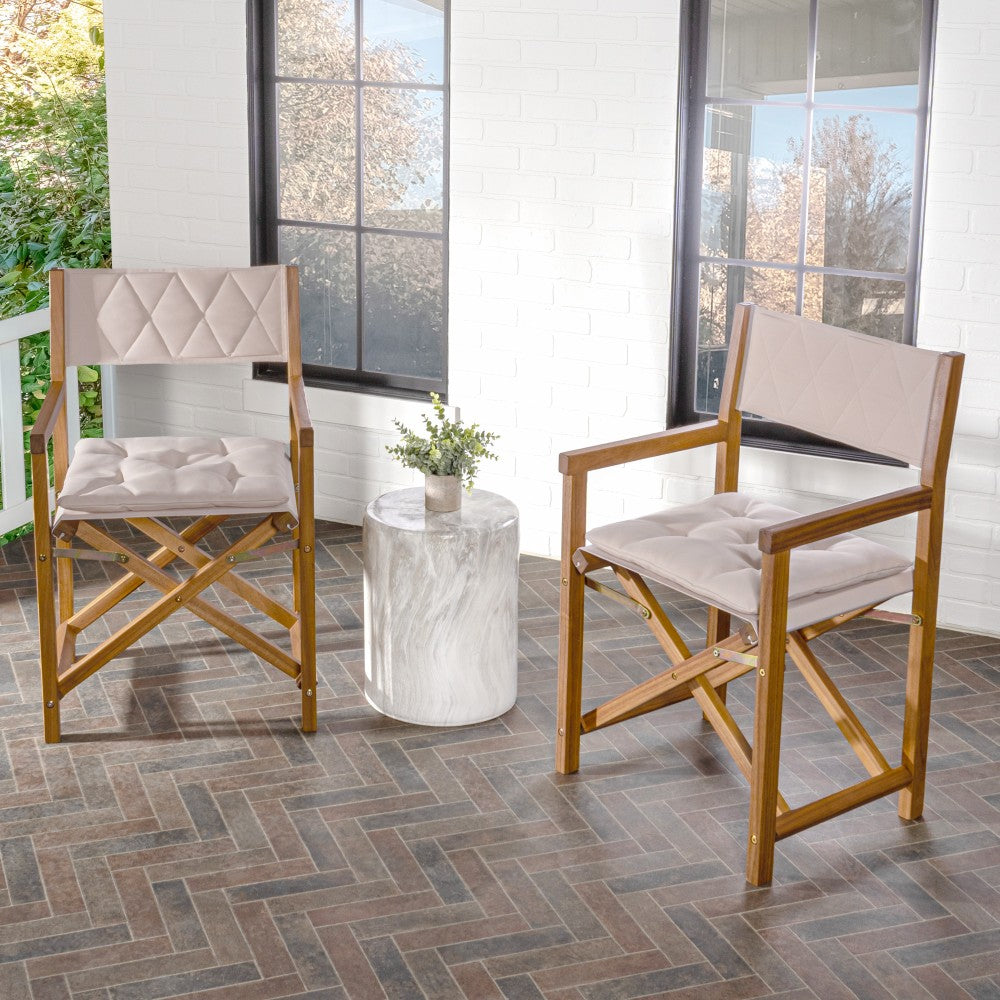 Patio Classic Mid-Century Outdoor Acacia Wood Foldable Diamond-Quilted Back Director Chair with Cushion Set 2