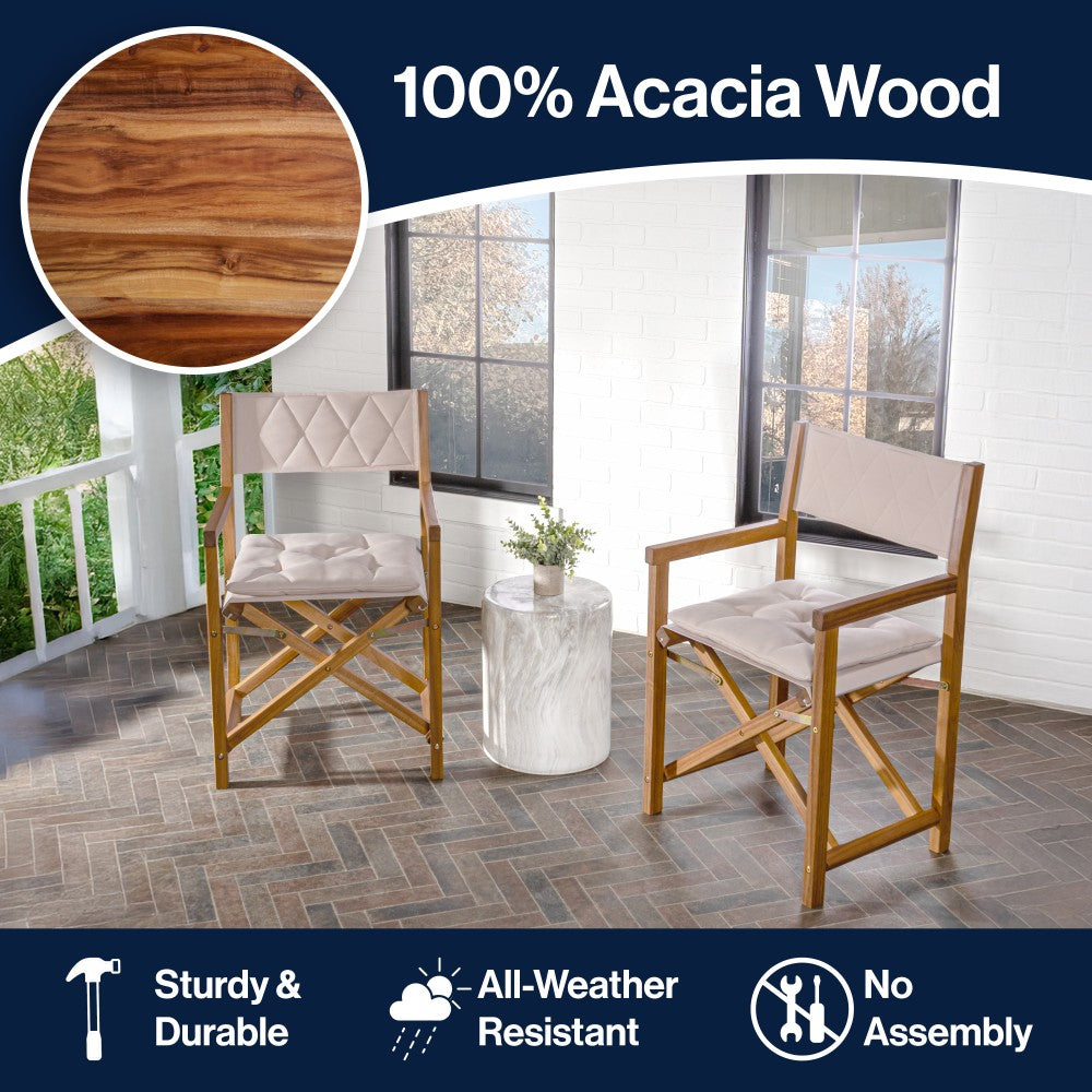 Patio Classic Mid-Century Outdoor Acacia Wood Foldable Diamond-Quilted Back Director Chair with Cushion Set 2
