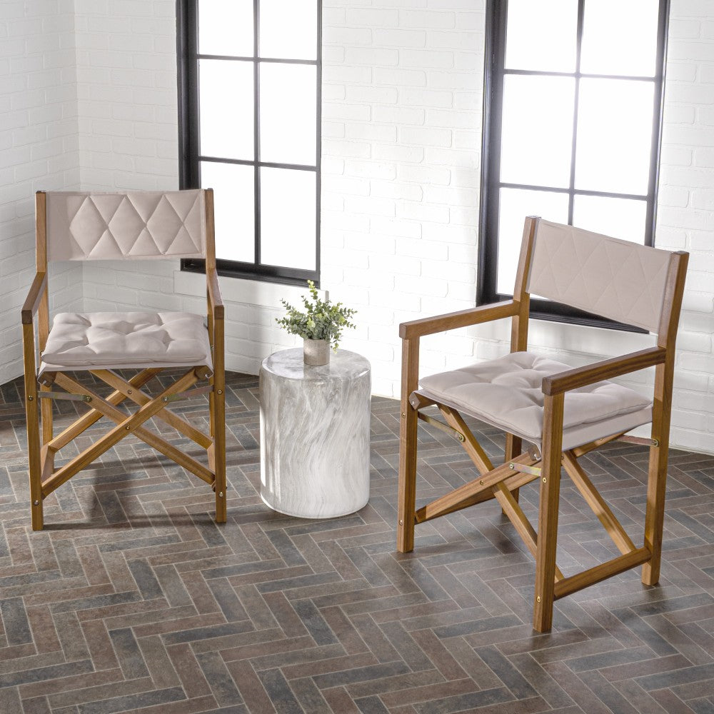 Patio Classic Mid-Century Outdoor Acacia Wood Foldable Diamond-Quilted Back Director Chair with Cushion Set 2