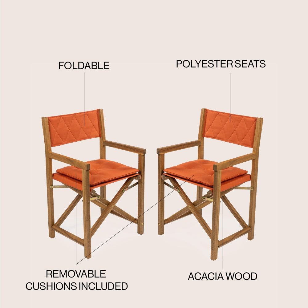 Patio Classic Mid-Century Outdoor Acacia Wood Foldable Diamond-Quilted Back Director Chair with Cushion Set 2