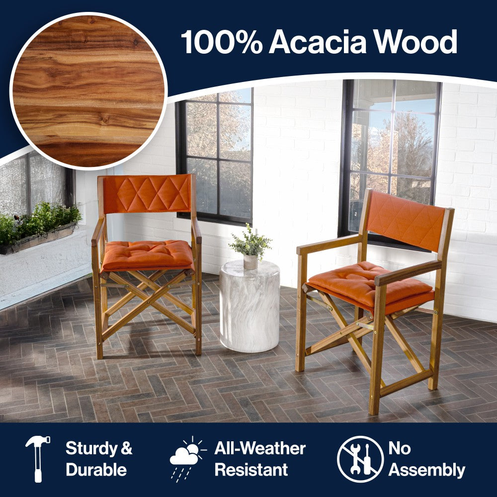 Patio Classic Mid-Century Outdoor Acacia Wood Foldable Diamond-Quilted Back Director Chair with Cushion Set 2